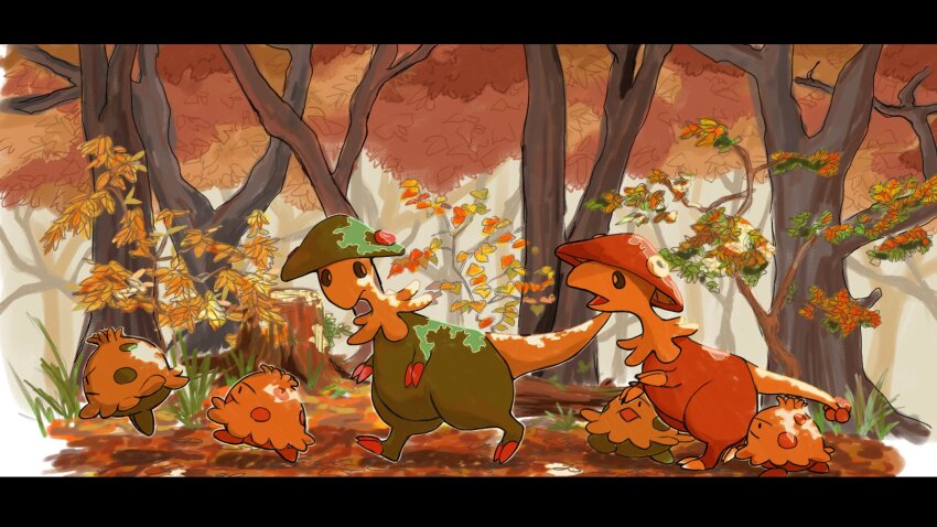 alternate_color autumn autumn_leaves breloom dappled_sunlight evolutionary_line forest gen_3_pokemon grass highres leaf letterboxed nature nintendo no_humans pokemon pokemon_(creature) pokemon_focus shiny_pokemon shroomish sunlight tororo_oishi_ym tree tree_stump