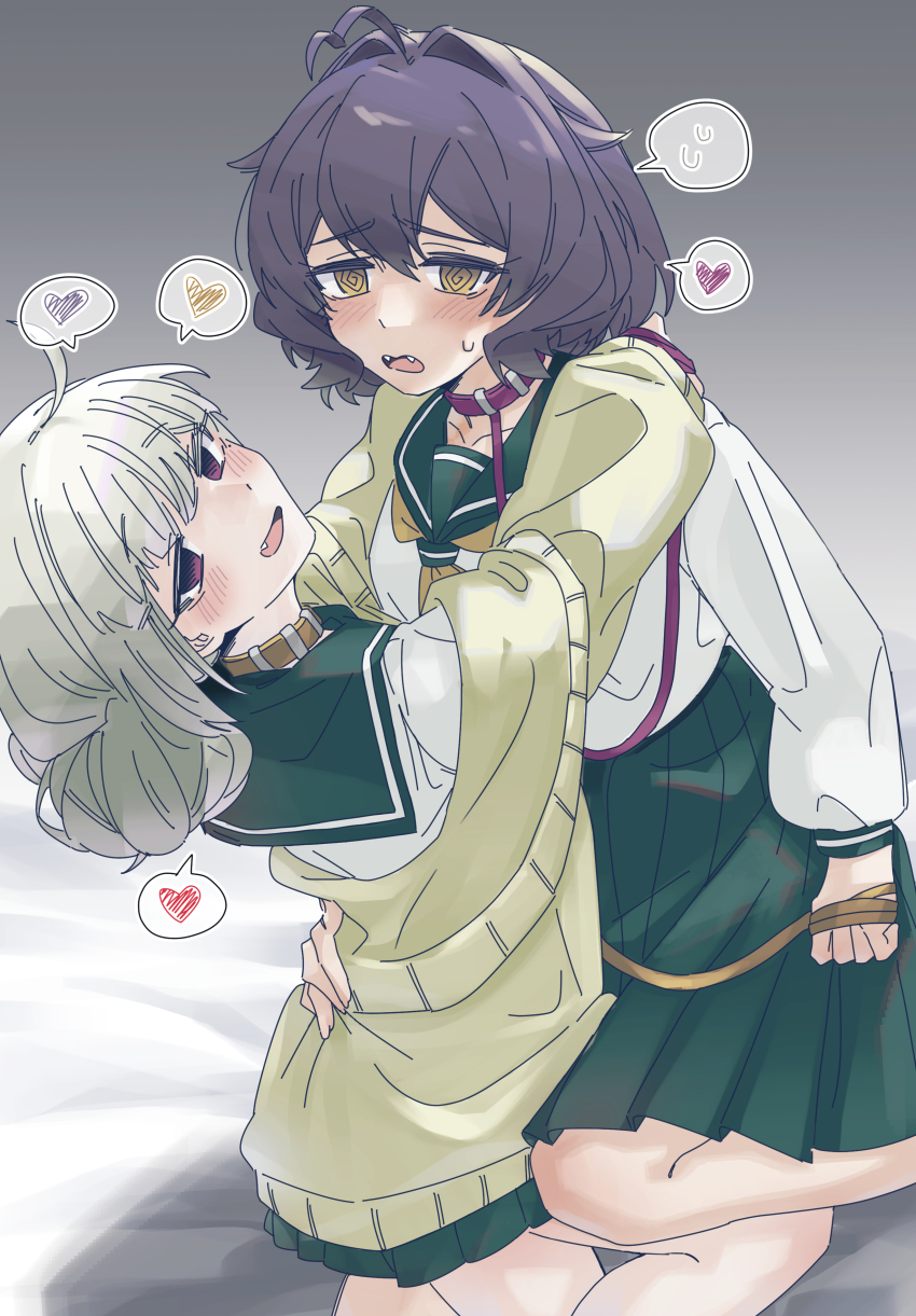 2girls @_@ absurdres ahoge araga_kiwi black_hair coat collar fangs green_hair heart highres hiiragi_utena holding holding_leash hug huru_p leash long_hair looking_at_viewer mahou_shoujo_ni_akogarete medium_hair multiple_girls on_bed purple_eyes school_uniform skirt smile spoken_heart yellow_eyes yuri