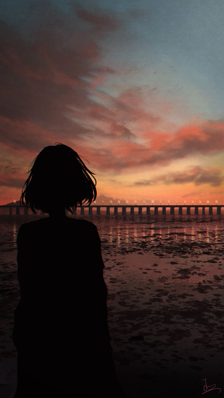 1girl absurdres bridge chinese_commentary cloud commentary_request from_behind highres huashijw original outdoors scenery short_hair signature silhouette solo twilight
