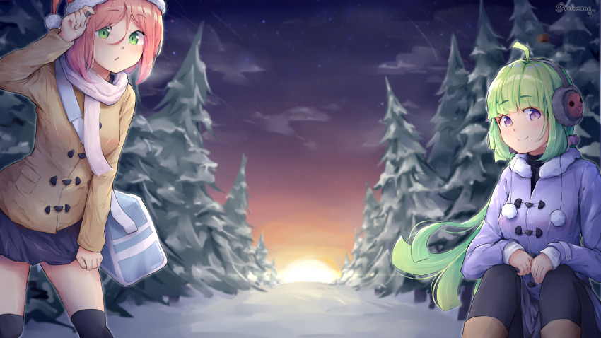 2girls ahoge black_pantyhose black_thighhighs blue_skirt blunt_bangs blush boots breasts brown_footwear brown_jacket closed_mouth earmuffs floating_hair fur-trimmed_headwear fur_trim green_eyes green_hair hair_between_eyes hat highres jacket leaning_forward long_hair long_sleeves low_ponytail medium_breasts miniskirt mocha_(osu!) multiple_girls osu! outdoors over-kneehighs pantyhose parted_lips pine_tree pink_hair pippi_(osu!) ponytail purple_eyes purple_jacket red_hat santa_hat scarf second-party_source short_hair sitting skirt sky smile split_mouth star_(sky) starry_sky sunrise taiko_no_tatsujin thighhighs tofumang tree twitter_username wada_don white_scarf