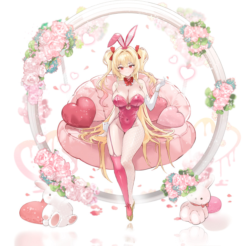 1girl absurdres animal_ears bare_shoulders blonde_hair bow bowtie breasts cleavage closed_mouth commission covered_navel demonia_(hiyono) detached_collar elbow_gloves fake_animal_ears fishnet_pantyhose fishnets full_body garter_straps gloves gradient_hair gurami_(zangizarang) heart high_heels highleg highleg_leotard highres large_breasts leotard long_hair looking_at_viewer multicolored_hair original pantyhose pink_leotard pink_thighhighs playboy_bunny rabbit_ears red_eyes single_elbow_glove single_garter_strap single_glove single_leg_pantyhose single_thighhigh smile solo strapless strapless_leotard thighhighs thighs two_side_up very_long_hair white_gloves wrist_cuffs