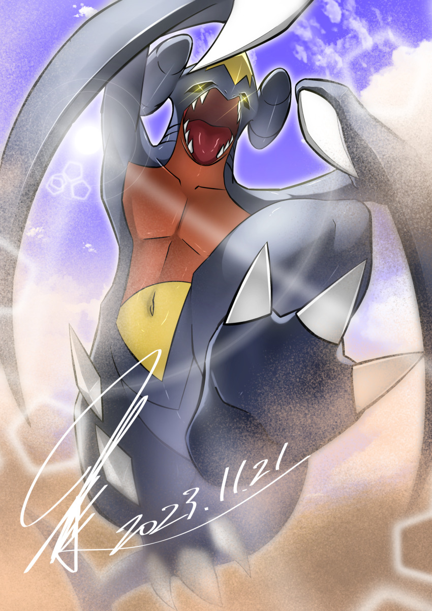 animal_feet aura blue_skin blue_sky colored_skin desert dragon dynamic_pose facing_viewer fangs from_below game_freak garchomp gen_4_pokemon glowing glowing_eyes highres horns lens_flare mitsukuma448 nintendo open_mouth outdoors pokemon pokemon_(creature) red_skin roaring sand sandstorm sharp_teeth side_horns sky solo spikes sun teeth tongue yellow_eyes yellow_skin