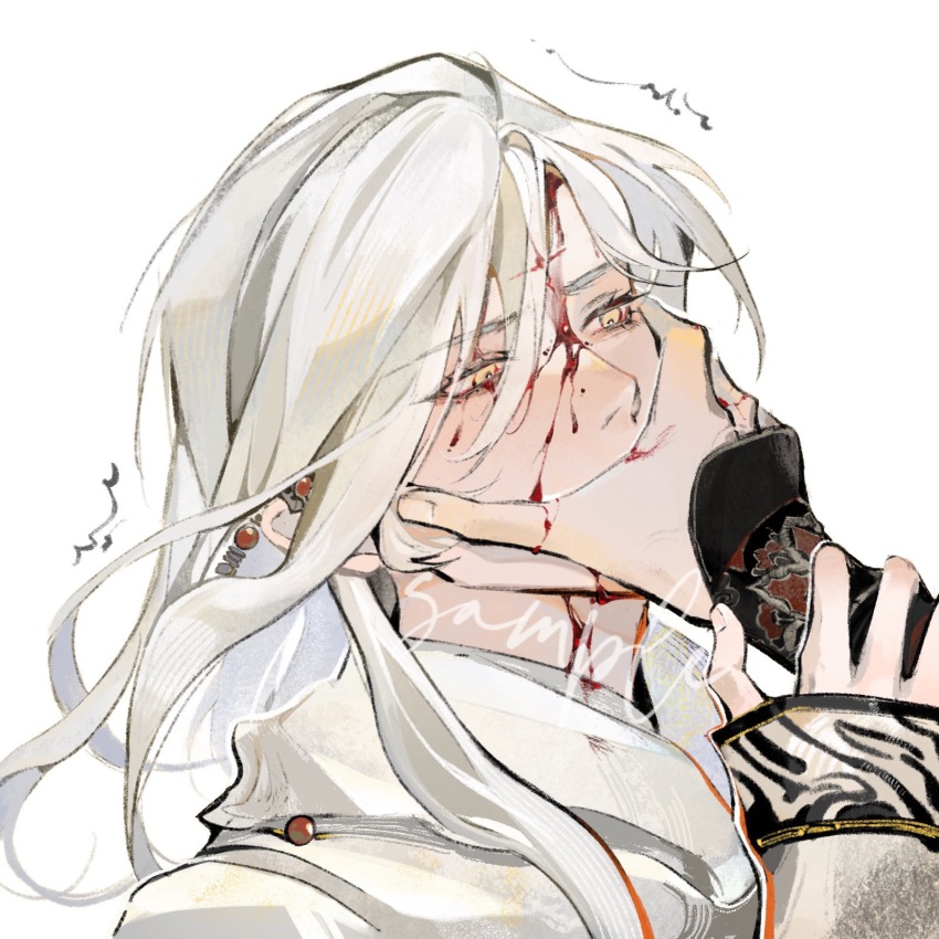 2boys beads black_sleeves blood blood_on_clothes blood_on_face chinese_clothes facial_mark fighting floating_hair hand_on_another&#039;s_mouth hanfu highres huadian jinguang_budaixi long_hair looking_at_another male_focus moranhuishouquandoushigou multiple_boys out_of_frame parted_bangs parted_hair portrait qiao_rulai sample_watermark shangguan_hongxin simple_background sleeves_past_wrists solo_focus three_quarter_view watermark white_background white_hair white_hanfu white_sleeves yellow_eyes