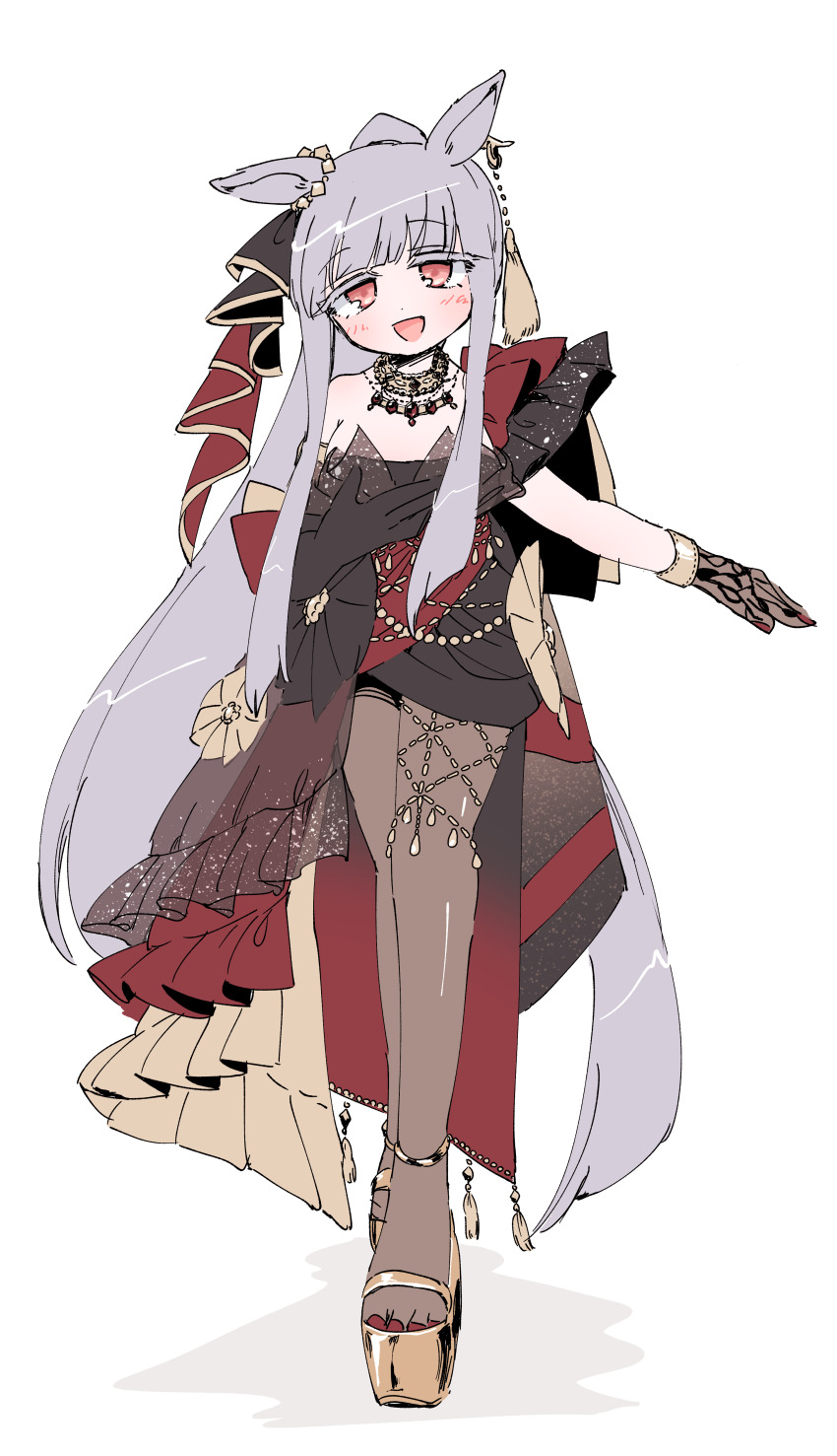 1girl absurdres animal_ears asymmetrical_gloves bangle black_dress black_gloves blunt_ends blunt_tresses bracelet brown_pantyhose commentary content_rating dress ear_ornament engawa_(engawagorigori) evening_gown full_body gloves gold_sandals gold_ship_(la_mode_564)_(umamusume) gold_ship_(umamusume) grey_hair high_heel_sandals highres horse_ears horse_girl jewelry lace lace_gloves long_hair medium_request mismatched_gloves official_alternate_costume official_alternate_hairstyle open_mouth pac-man_eyes pantyhose pink_eyes platform_sandals red_dress sandals shadow sidelocks simple_background single_bare_shoulder single_strap solo tassel umamusume very_long_hair white_background