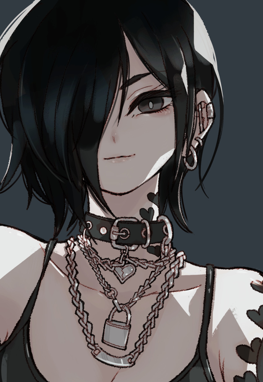 1girl armpit_crease barbell_piercing bare_shoulders belt_collar black_choker black_eyes black_hair black_tank_top choker closed_mouth collar collarbone ear_piercing earrings hair_over_one_eye heart heart_tattoo highres industrial_piercing jewelry judy_(sushi_pizza_rrr) lock locket looking_at_viewer multiple_necklaces multiple_piercings original pendant piercing portrait simple_background smile solo sushi_pizza_rrr tank_top tattoo