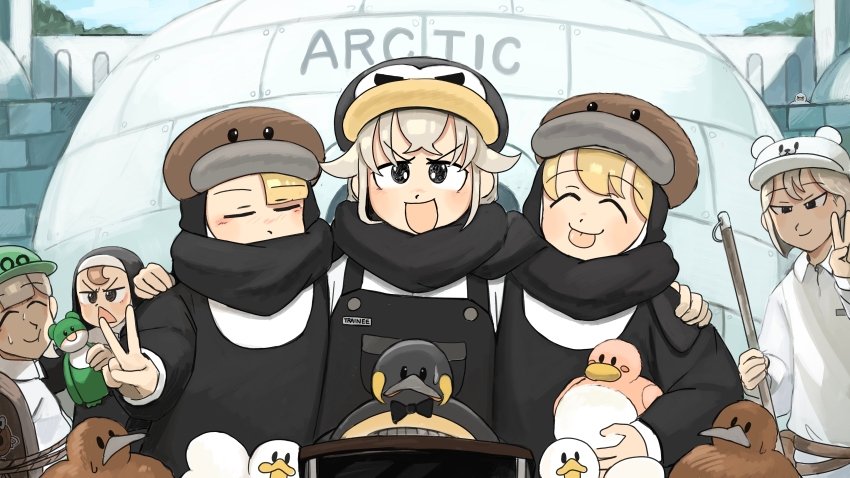 6+girls :d :p absurdres bear_hat bird black_overalls black_scarf blonde_hair bound brown_eyes brown_hair closed_eyes clumsy_nun_(diva) commentary diva_(hyxpk) donut_stamp duck english_commentary froggy_nun_(diva) green_hat grey_hair hat highres igloo king_penguin little_nuns_(diva) multiple_girls nun open_mouth overalls penguin penguin_chick penguin_hat penguin_keeper_(diva) polar_bear_keeper_(diva) rope scarf seal_keeper_(diva) shirt short_hair smile snow_shelter spicy_nun_(diva) stuffed_animal stuffed_penguin stuffed_toy tied_up_(nonsexual) tongue tongue_out traditional_nun triangle_mouth white_shirt zoo zookeeper zookeepers_(diva)
