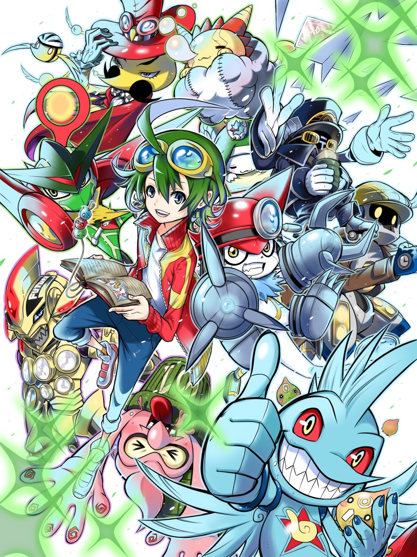 absurdres clock closed_eyes cloud digimon gatchmon goggles goggles_on_head gomimon gossipmon highres mailmon naoki_akamine navimon_(appmon) shinkai_haru sleepmon smile sociamon tapmon thumbs_up timemon trash_can tubumon weathermon