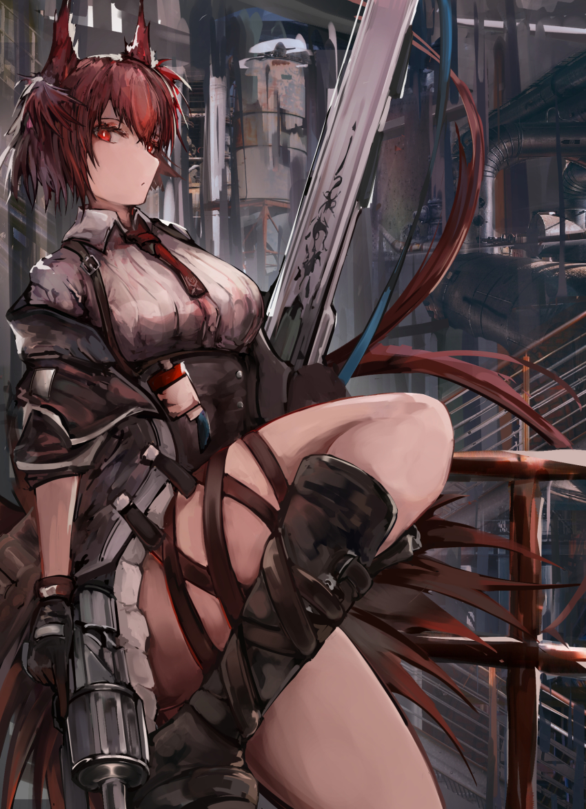1girl absurdres animal_ears arknights bird_ears bird_girl black_gloves black_jacket breasts collared_shirt feather_hair feet_out_of_frame fiammetta_(arknights) gloves highres holding holding_weapon jacket kisumun looking_at_viewer necktie open_clothes open_jacket red_eyes red_hair red_necktie shirt short_hair skirt solo weapon white_shirt