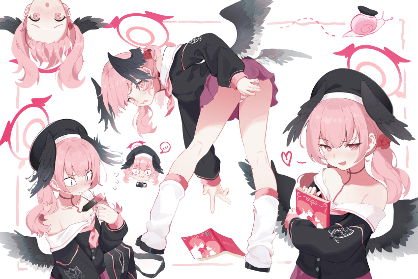 &lt;|&gt;_&lt;|&gt; 1girl :3 :o absurdres ass bag bare_shoulders bent_over beret black_hat black_shirt black_wings blue_archive blush book chibi chibi_inset closed_mouth commentary_request covering_ass covering_privates crying feathered_wings flustered flying_sweatdrops halo hat head_wings heart highres koharu_(blue_archive) long_hair long_sleeves looking_at_viewer loose_socks low_twintails low_wings marker multiple_views neckerchief off_shoulder open_mouth panties pink_eyes pink_hair pink_halo pink_neckerchief pink_skirt pleated_skirt puffy_long_sleeves puffy_sleeves sailor_collar school_bag school_uniform shirt skirt smile snail socks spoken_blush standing striped_clothes striped_panties tears twintails underwear upside-down wavy_mouth white_sailor_collar white_socks winged_halo wings zhuozhuozhuo