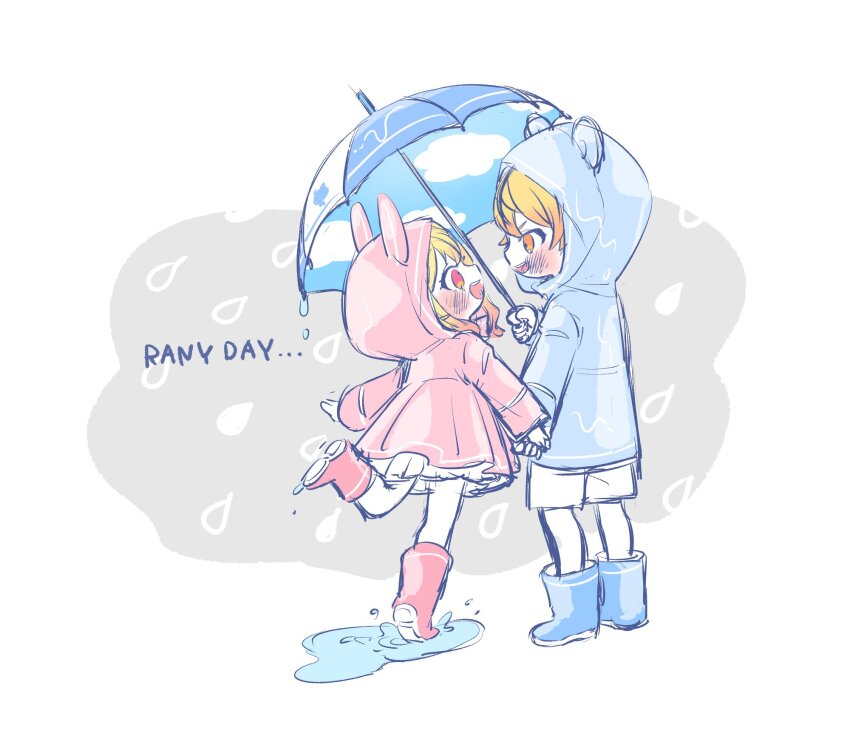 ... 1boy 1girl animal_ears animal_hood bear_ears blonde_hair blue_footwear blue_raincoat blue_umbrella blush boots brother_and_sister chibi cloud_print colored_shoe_soles commentary english_text fake_animal_ears from_side full_body highres holding holding_hands holding_umbrella hood hood_up leg_up long_sleeves looking_at_another looking_to_the_side medium_hair open_mouth orange_eyes orange_hair pastel_colors pink_boots pink_hair pink_raincoat poppu_usagi project_sekai puddle rabbit_ears raincoat red_eyes shorts siblings sketch skirt standing teeth tenma_saki tenma_tsukasa two-tone_background typo umbrella upper_teeth_only wading water water_drop wavy_hair white_background white_shorts white_skirt white_umbrella