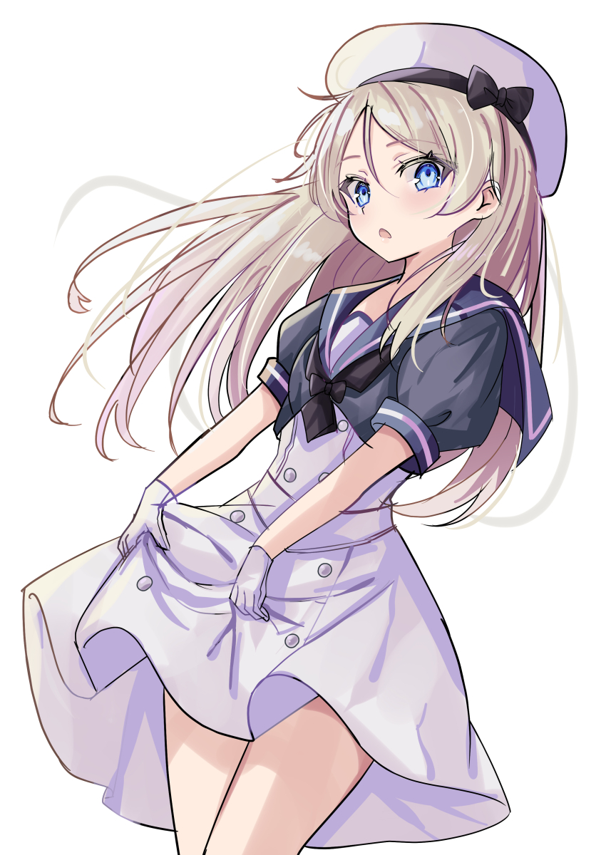 1girl absurdres black_neckerchief blue_eyes blue_sailor_collar blush cowboy_shot dress gloves grey_hair hat highres hizaka jacket javelin_(kancolle) kantai_collection long_hair looking_at_viewer neckerchief one-hour_drawing_challenge sailor_collar sailor_dress sailor_hat short_sleeves simple_background skirt_hold solo white_background white_dress white_gloves white_hat