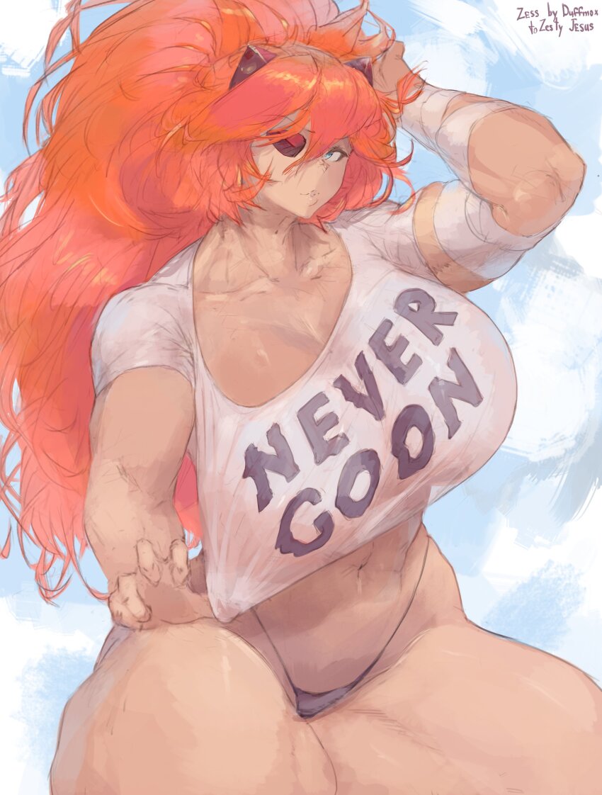 absurdres bandaged_arm bandages blue_eyes breasts colored_eyepatch cutesexyrobutts_(style) duffmox eyepatch g-string highres horns large_breasts long_hair meme meme_attire messy_hair muscular muscular_female never_goon_(meme) orange_hair original panties red_horns shirt signature simple_background string_panties t-shirt thick_thighs thighs thong underwear white_shirt zess_(zesty_jesus)
