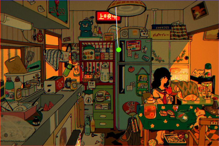 1girl absurdly_detailed_composition asagi_iro bag barefoot basket black_hair black_sailor_collar black_socks cabinet calico_(pattern) calico_cat cat ceiling_light chair checkered_tablecloth commentary_request cutting_board doorway drawer english_text facing_away faucet floral_print glass_bottle glass_jar hand_fan hand_up highres holding_candy_apple indoors ketchup_bottle kettle kitchen knife loaded_interior long_hair looking_ahead magnet mustard_bottle neckerchief note on_chair open_bag original paper_fan pet plastic_bottle plate poster_(object) radio radio_antenna red_neckerchief refrigerator refrigerator_magnet sailor_collar sailor_shirt school_bag school_uniform serafuku shirt sink sitting soap_bottle socks solo soy_sauce_bottle spatula string_of_light_bulbs stuffed_animal stuffed_toy table tablecloth toaster towel unworn_socks wall_lamp white_shirt wide_shot