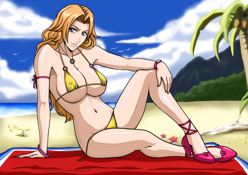00s 1girl absurdres beach bikini bleach breasts day female_focus high_heels highres matsumoto_rangiku micro_bikini mole nagano_tenzen orange_hair self-upload shoes solo string_bikini swimsuit tenzen_(netspike) underboob