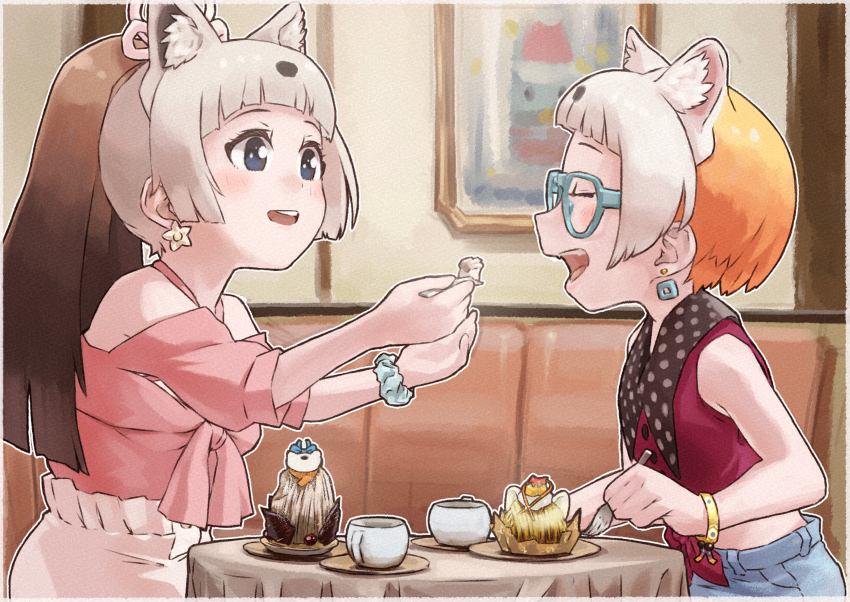 2girls animal_ear_fluff animal_ears bare_shoulders black_hair blush border brown_hair cake clothing_cutout contemporary extra_ears facing_another feeding food fork glasses highres holding holding_fork indoors japanese_marten_(kemono_friends) kemono_friends long_hair looking_at_another multicolored_hair multiple_girls official_alternate_costume open_clothes open_mouth orange_hair purple_eyes sable_(kemono_friends) scrunchie shirt shoulder_cutout sitting sleeveless smile table toriny white_border white_hair wrist_scrunchie