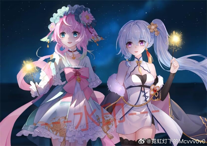 2girls anshan_(warship_girls_r) aqua_eyes blue_eyes blue_hair breasts chinese_clothes chinese_text cleavage dress earrings fireworks flower gradient_hair green_hair hair_flaps hair_ornament hanfu highres holding holding_fireworks jewelry jinan_(warship_girls_r) light_blue_hair long_hair low-tied_sidelocks multicolored_hair multiple_girls night night_sky nihongdengxiade_mcvvv0v0 official_alternate_costume open_mouth pink_eyes pink_hair purple_eyes qixiong_ruqun ruqun short_hair side_ponytail sidelocks single_sidelock sky smile sparkler tassel tassel_earrings thighhighs warship_girls_r watermark weibo_watermark white_dress white_hair