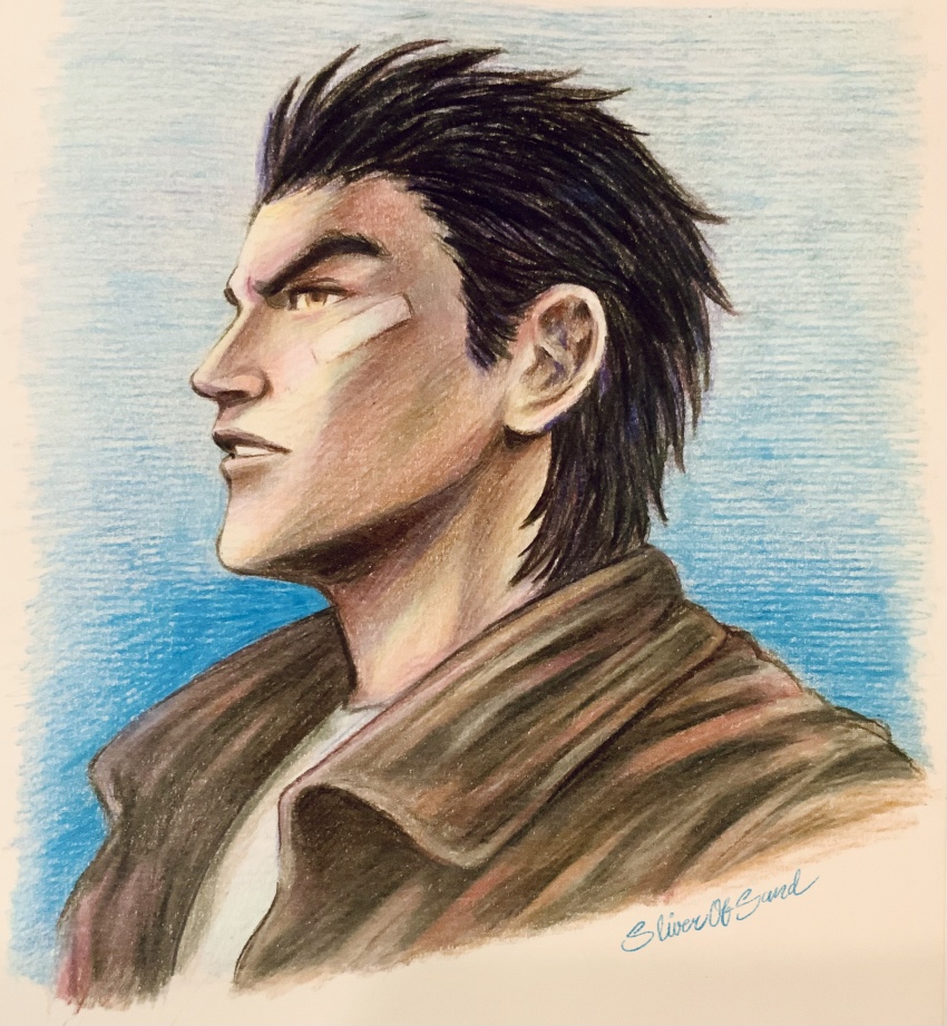 1boy absurdres bandage_on_face bandages black_hair blue_background border brown_eyes brown_jacket collared_jacket from_side graphite_(medium) hazuki_ryou highres jacket leather leather_jacket parted_lips profile shenmue shenmue_i shirt sideburns signature sketch sliverofsand spiked_hair t-shirt thick_eyebrows traditional_media white_border white_shirt