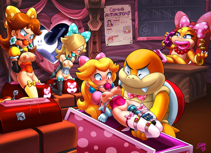 1boy 2022 4girls armbinder artist_name ball_gag bdsm bondage bondage_gear boom_boom bound bow breasts coin convenient_censoring corset donkey_kong_(1981_game) donkey_kong_(series) gag gagged grey_corset highres kneeling lips makeup mario_(series) medium_breasts mona_(warioware) multiple_girls nintendo nipples orange_corset pauline_(mario) penny_crygor pink_corset pink_lips poster_(object) pow_block princess_daisy princess_peach pussy pussy_juice riding_machine rosalina sex_toy shaxbert sitting small_breasts strap super_mario_bros._3 super_mario_galaxy super_mario_land sybian tagme thick_thighs thighhighs thighs vibrator warioware wendy_o._koopa