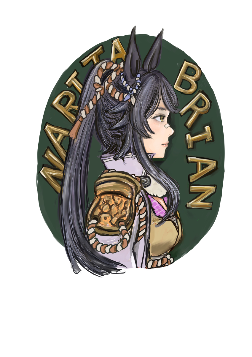 1girl 33ki71 absurdres animal_ears bandaid bandaid_on_face bandaid_on_nose black_hair character_name collared_shirt epaulettes from_side green_eyes green_shirt hair_ornament highres horse_ears horse_girl long_hair narita_brian_(umamusume) shirt sidelocks simple_background solo umamusume very_long_hair white_background