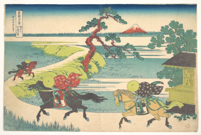 19th_century 3boys absurdres animal black_kimono blue_sky border covering_face fine_art_parody gradient_sky grass hat highres hokusai horse horseback_riding japan japanese_clothes japanese_text kimono landscape mount_fuji mountain multiple_boys nihonga original outdoors parody path red_kimono riding road scenery sheath sky straw_hat thirty-six_views_of_mount_fuji traditional_media tree ukiyo-e volcano white_border