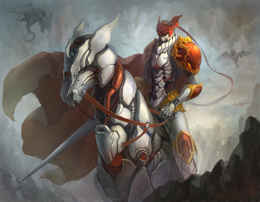 absurdres cape cyborg digimon digimon_(creature) dukemon gigadramon highres horns lance megadramon polearm tail weapon wings