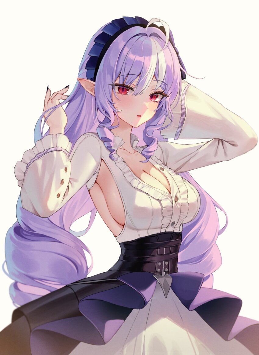 1girl ahoge black_headdress breasts cleavage commentary_request dress highres large_breasts long_hair looking_at_viewer mole mole_under_eye parted_lips pointy_ears purple_hair sideboob simple_background solo soymilk_arts2 very_long_hair vivian_(zenless_zone_zero) white_background white_dress zenless_zone_zero