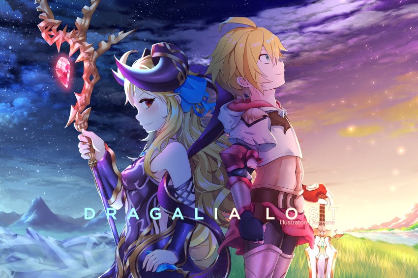 1girl absurdres alternate_costume alternate_eye_color alternate_weapon armor back-to-back bare_shoulders blonde_hair blue_eyes blush copyright_name corrupted corruption crown crystal dark_persona dawn day day_and_night dragalia_lost euden evil_smile gloves glowing grass hair_ribbon hand_on_own_hip highres holding holding_staff holding_sword holding_weapon horns long_hair long_sleeves looking_back looking_up morsayati mountain night night_sky possessed possession red_eyes ribbon river short_hair sky smile snow staff standing star_(sky) starry_sky sword weapon xereane zethia