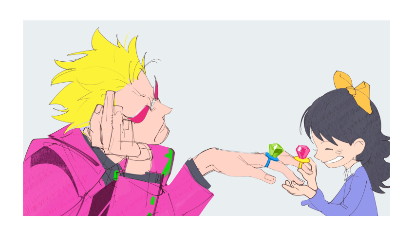 1boy 1girl aged_down arms_up baby_5 black_hair blonde_hair blue_dress bow child closed_eyes donquixote_doflamingo dress hair_bow head_rest highres jacket jewelry long_hair multiple_rings one_piece pink_jacket portrait ring ring_pop short_hair smile sunglasses tobu_(bilibil) yellow_bow