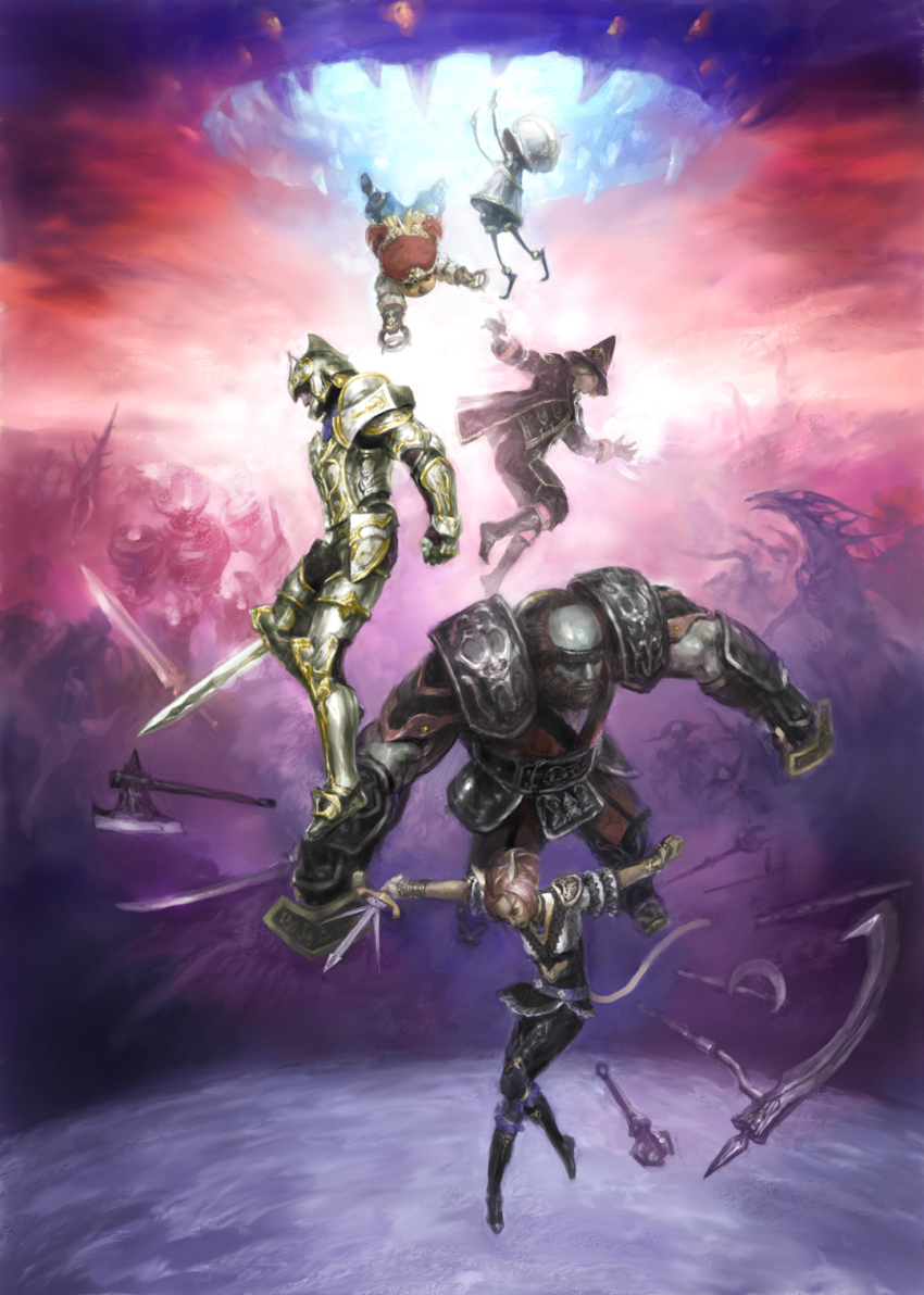 2girls 3boys adventurer_(ff11) animal_ears armor atomos automaton_(final_fantasy) axe beard black_boots black_hat black_mage_(final_fantasy) blonde_hair boots brass_knuckles breastplate cat_ears cat_girl cat_tail commentary dancer_(final_fantasy) dragon facial_hair falling final_fantasy final_fantasy_xi full_armor galka gauntlets greaves hat helmet highres hume mithra_(ff11) monk_(final_fantasy) multiple_boys multiple_girls official_art paladin_(final_fantasy) puppetmaster_(final_fantasy) red_hair scythe second-party_source short_hair suemi_jun sword tail tarutaru twintails weapon witch_hat