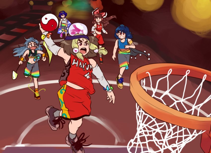 5girls adapted_costume basketball_court basketball_hoop basketball_jersey basketball_uniform black_cape black_shorts blonde_hair blue_hair blue_headwear blue_tank_top bow brown_hair cape commentary cosplay detached_sleeves english_commentary frilled_bow frills full_body grey_hair hair_bow hair_tubes hakurei_reimu hat headband himemushi_momoyo holding holding_pickaxe holding_shovel iizunamaru_megumu indoors lebron_james lebron_james_(cosplay) long_hair looking_at_another magatama mercuriika miami_heat midriff multicolored_clothes multicolored_hair multicolored_tank_top multiple_girls national_basketball_association navel open_mouth photo-referenced pickaxe purple_hair purple_headband rainbow_gradient red_bow red_eyes red_shorts red_tank_top running shoes short_hair shorts shovel sky_print slam_dunk_(basketball) sneakers sportswear tamatsukuri_misumaru tank_top tenkyuu_chimata tokin_hat touhou two-tone_hair white_sleeves yellow_shoes yin_yang