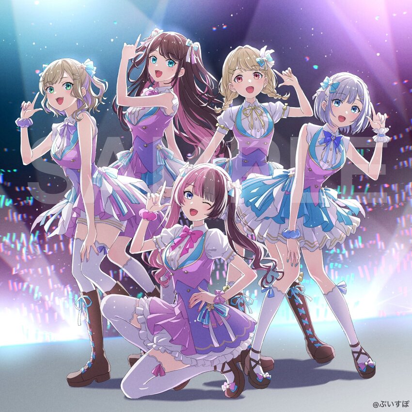 5girls album_cover alternate_costume aqua_eyes blonde_hair boots bow bowtie braid breasts brown_hair buttons collared_dress colored_inner_hair commentary_request company_name copyright_notice cover crowd double-breasted dress finger_gun frilled_wrist_cuffs frills full_body glowstick grey_hair hair_bow highres idol_clothes kaga_nazuna kaga_sumire knee_boots kneehighs kogara_toto kurumi_noah lace-up_boots layered_skirt long_hair looking_at_viewer low_twin_braids medium_breasts mele_ck multicolored_dress multicolored_hair multiple_girls official_art on_one_knee penlight_(glowstick) pink_hair platform_shoes pleated_skirt puffy_short_sleeves puffy_sleeves purple_hair red_eyes sample_watermark scrunchie short_hair short_sleeves shorts_under_dress skirt sleeveless sleeveless_dress socks split-color_hair stage stage_lights standing streaked_hair string_bowtie swept_bangs tachibana_hinano thighhighs twin_braids twintails two-tone_hair two_side_up virtual_youtuber vspo! waist_bow watermark wrist_cuffs wrist_scrunchie