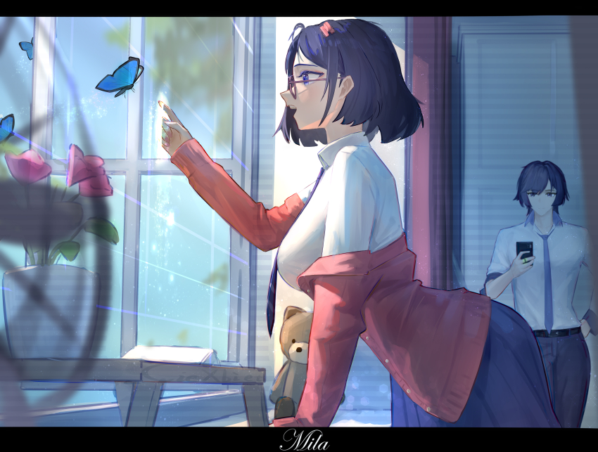 1boy 1girl absurdres black-framed_eyewear blue_butterfly blue_eyes blue_hair blue_necktie blue_skirt breasts bug butterfly cardigan character_name ciexbiet claw_hair_clip commentary_request electric_fan glasses hand_up highres holding holding_phone indoors insect leaning_forward long_sleeves looking_at_animal looking_at_another mila_(miside) miside mita_(miside) necktie open_cardigan open_clothes open_mouth phone player_character_(miside) red_cardigan shirt short_hair skirt smile stuffed_animal stuffed_toy teddy_bear white_shirt