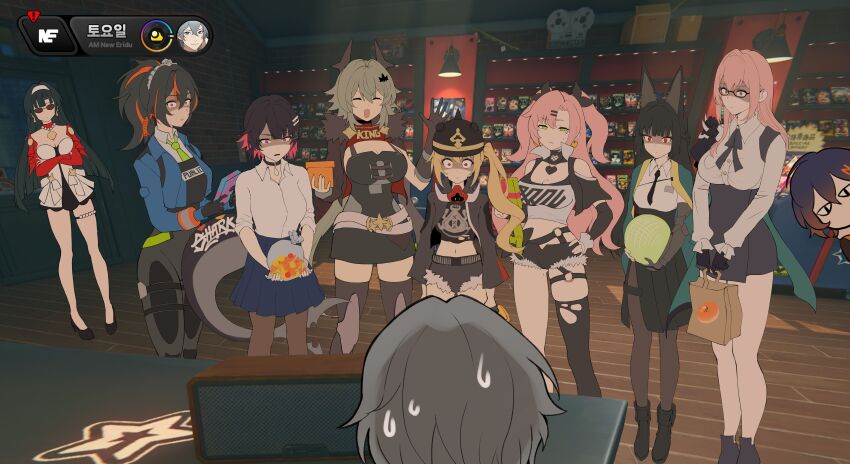 1boy 6+girls absurdres angry animal_ears astra_yao belle_(zenless_zone_zero) black_hair blonde_hair blue_hair breasts caesar_king_(zenless_zone_zero) candy cleavage ellen_joe food fruit glasses gradient_hair green_eyes grey_hair happy highres hoshimi_miyabi indoors long_hair luciana_de_montefio melon multicolored_hair multiple_girls nicole_demara orange_hair persona persona_5 pink_hair red_eyes red_hair short_hair sunglasses tsukishiro_yanagi twintails wise_(zenless_zone_zero) zenless_zone_zero zhu_yuan