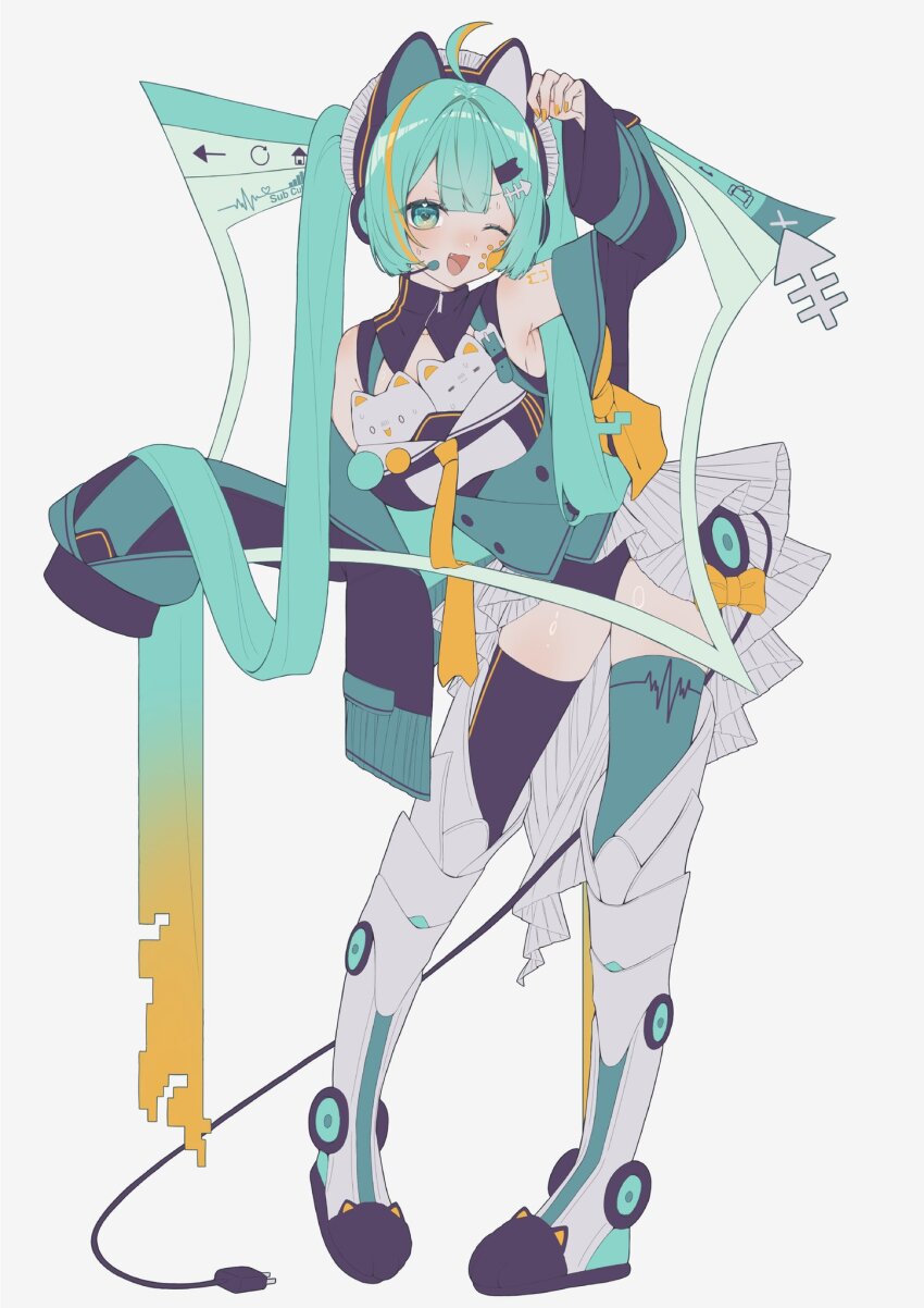 1girl 2qkai animal_ear_headphones animal_ears aqua_eyes aqua_hair arm_up boots breasts cable cable_tail cat_ear_headphones cursor cute_x_subculture_hatsune_miku_design_contest cyber_fashion electric_plug electric_plug_tail fake_animal_ears fashion gradient_hair hashtag-only_commentary hatsune_miku headphones highres leotard long_hair looking_at_viewer mechanical_tail medium_breasts multicolored_hair one_eye_closed open_mouth paw_pose smile solo speaker tail very_long_hair vocaloid window_(computing)