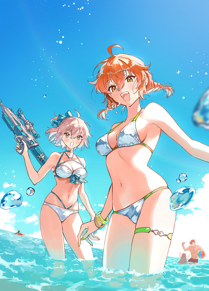 1boy 4girls ahoge ball bare_shoulders beachball bikini black_hair blush bracelet braid breasts brown_hair chacha_(fate) cleavage collarbone fate/grand_order fate_(series) fujimaru_ritsuka_(female) green_nails highres jewelry looking_at_viewer medium_breasts mori_nagayoshi_(fate) multiple_girls navel ocean oda_nobunaga_(fate) okita_j._souji_(fate) okita_j._souji_(third_ascension)_(fate) okita_souji_(fate) open_mouth orange_eyes orange_hair pink_hair red_hair smile swimsuit thigh_strap thighs twin_braids uni_(nico02) wading water_gun white_bikini