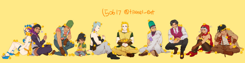 2girls 6+boys back-to-back bird black_hair blonde_hair boingo cane chick daniel_j._d&#039;arby grey_hair hat highres hol_horse jean_pierre_polnareff jojo_no_kimyou_na_bouken mariah_(jojo) midler multiple_boys multiple_girls n&#039;doul necktie oingo ponytail purple_hair stardust_crusaders steely_dan terence_t._d&#039;arby tianel_ent too_many too_many_chicks vest waistcoat