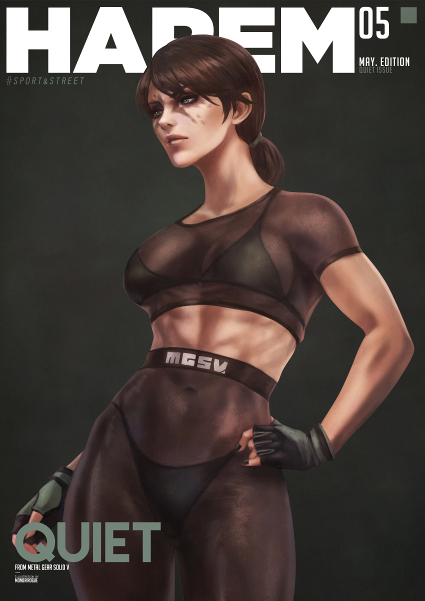 1girl absurdres artist_name bikini breasts brown_hair character_name commentary copyright_name english_commentary fingerless_gloves gloves highres may metal_gear_(series) metal_gear_solid_v:_the_phantom_pain monori_rogue ponytail quiet_(metal_gear) swimsuit