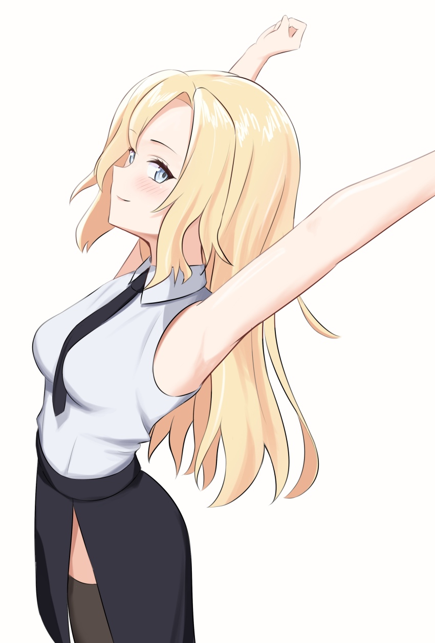 1girl absurdres arms_up black_necktie black_skirt black_thighhighs blonde_hair collared_shirt commentary dress_shirt grey_eyes highres hornet_(kancolle) kantai_collection l_meet long_hair looking_at_viewer necktie shirt simple_background skirt solo stretching thighhighs white_background white_shirt