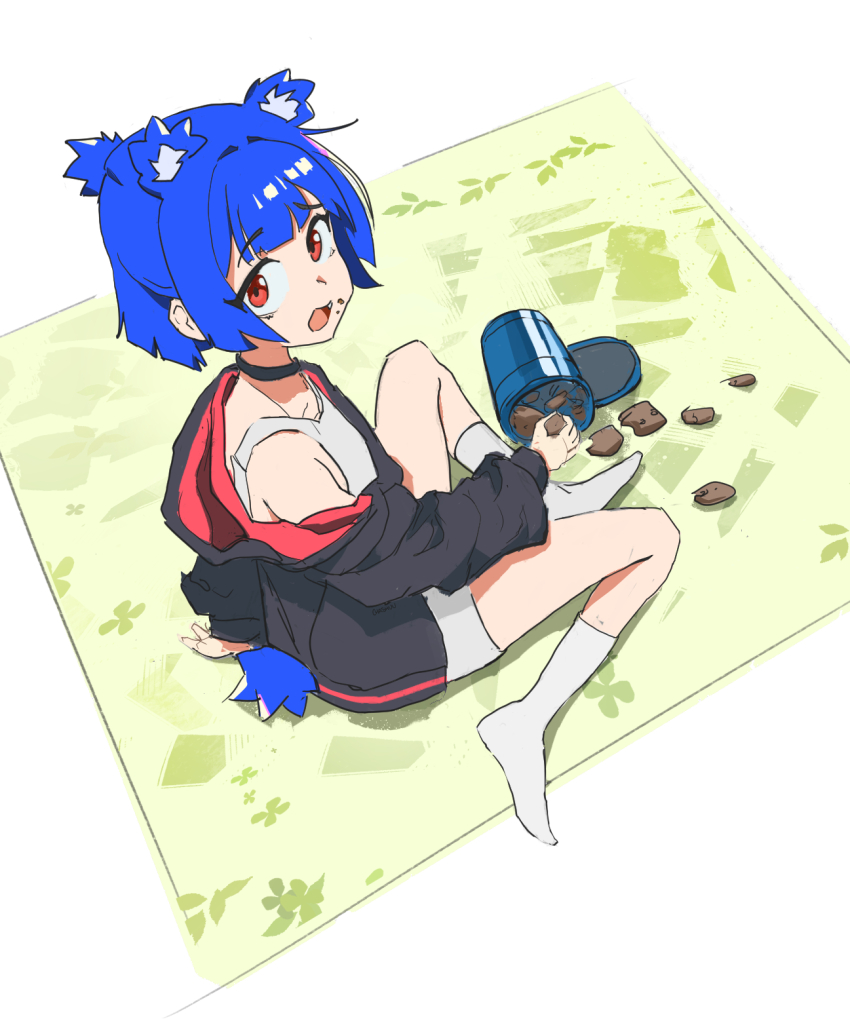 animal_ear_fluff animal_ears arm_behind_back arm_support bare_shoulders bear_ears bear_girl bear_tail black_choker black_jacket blue_hair blue_tail blunt_bangs blunt_ends blunt_sidelocks bob_cut caught center-flap_bangs chashuu0 chocolate_chip_cookie choker clothing_cutout commentary cookie cookie_jar dress eating english_commentary extra_ears fang flat_chest floral_print food food_on_face food_on_floor from_above from_side furrowed_brow go!_go!_gris! gris_(go!_go!_gris!) hair_intakes half_updo highres holding holding_cookie holding_food hood hood_down hooded_jacket jacket kneehighs long_eyelashes long_sleeves looking_at_viewer looking_to_the_side looking_up multicolored_jacket nervous no_shoes off_shoulder on_floor open_clothes open_jacket open_mouth ponytail puffy_long_sleeves puffy_sleeves raised_eyebrows raised_inner_eyebrows red_eyes red_jacket red_trim rug short_dress short_hair short_ponytail short_tail sidelocks simple_background sitting sleeveless sleeveless_dress socks spill surprised tail tail_through_clothes thick_eyelashes thighs turning_head two-sided_fabric two-sided_jacket two-tone_jacket white_background white_dress white_socks wide-eyed