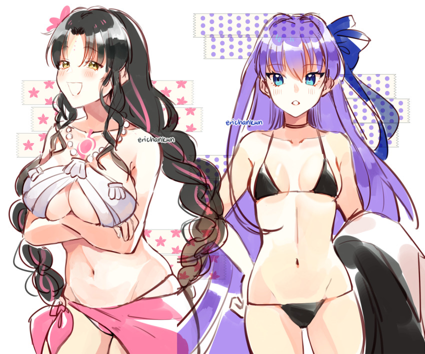 2girls arms_under_breasts bikini black_bikini black_hair black_jacket blue_eyes blue_ribbon blush bracelet braid breasts chest_tattoo coll_(erichankun) commentary cowboy_shot crossed_arms dated_commentary facial_mark fate/grand_order fate_(series) forehead_mark hair_between_eyes hair_ribbon hands_on_own_hips holding holding_jacket holding_unworn_clothes jacket jewelry large_breasts long_hair looking_at_viewer meltryllis meltryllis_(fate) meltryllis_(swimsuit_lancer)_(fate) meltryllis_(swimsuit_lancer)_(first_ascension)_(fate) mismatched_bikini multicolored_hair multicolored_jacket multiple_girls navel necklace open_mouth parted_bangs pearl_bracelet pink_bikini pink_hair pink_sarong purple_hair ribbon sarong sessyoin_kiara sessyoin_kiara_(swimsuit_mooncancer) sessyoin_kiara_(swimsuit_mooncancer)_(first_ascension) shell shell_necklace sidelocks small_breasts smile streaked_hair swimsuit tattoo twin_braids twitter_username two-tone_jacket unworn_jacket very_long_hair white_background white_bikini white_jacket yellow_eyes