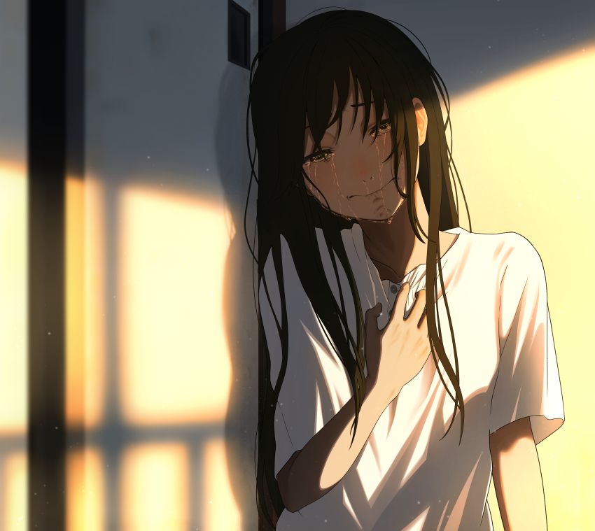 1girl 46_crt absurdres black_hair closed_mouth commentary_request crying crying_with_eyes_open hand_on_own_chest highres long_hair original shadow shirt short_sleeves solo standing t-shirt tears twilight white_shirt
