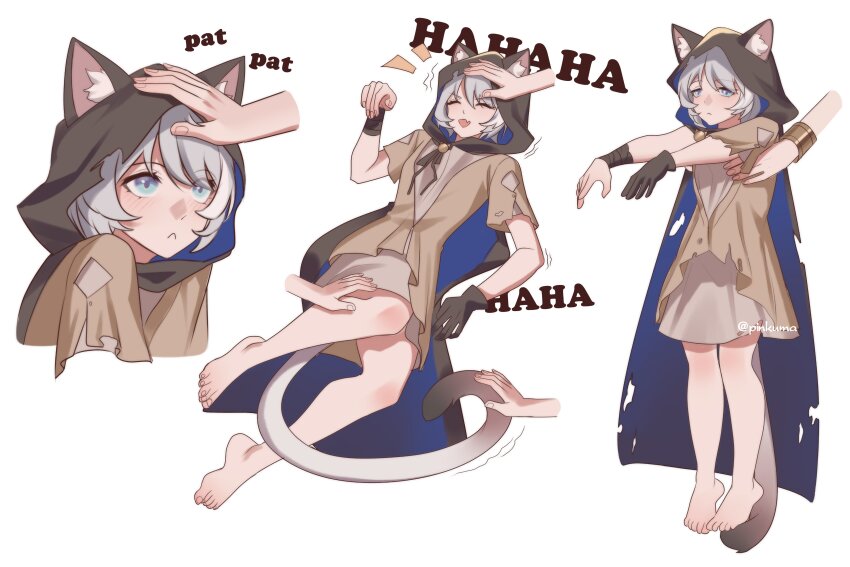 2girls absurdres aglaea_(honkai:_star_rail) animal_ear_fluff animal_ears barefoot black_gloves black_hood blue_eyes blush brown_dress cat_ears cat_girl cat_tail cipher_(honkai:_star_rail) disembodied_hand dress feet gloves grey_hair headpat highres honkai:_star_rail honkai_(series) laughing multiple_girls multiple_views pinkuma rags short_hair simple_background single_glove tail toes twitter_username white_background