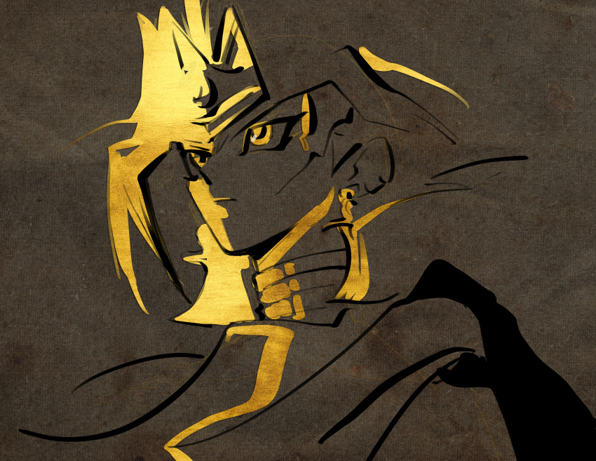 1boy absurdres atem choker circlet close-up closed_mouth fengcheche highres limited_palette looking_ahead looking_up male_focus solo upper_body yellow_eyes yellow_theme yu-gi-oh!