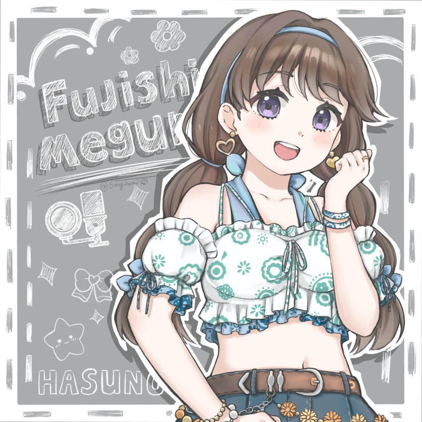 1girl :d artist_name belt blue_skirt blush border breasts brown_belt brown_hair character_name clenched_hand collarbone commentary cropped_shirt detached_sleeves earrings flower_symbol frilled_shirt frills fujishima_megumi grey_background hand_up heart heart_earrings highres jewelry link!_like!_love_live! long_hair looking_at_viewer love_live! low_twintails medium_breasts midriff mismatched_earrings multi-tied_hair natsumeki_pain navel official_alternate_costume official_alternate_hairstyle open_mouth outside_border puffy_short_sleeves puffy_sleeves purple_eyes shirt short_sleeves skirt sleeveless sleeveless_shirt smile solo songhuai sparkle star_(symbol) twintails upper_body virtual_youtuber white_border white_shirt white_sleeves