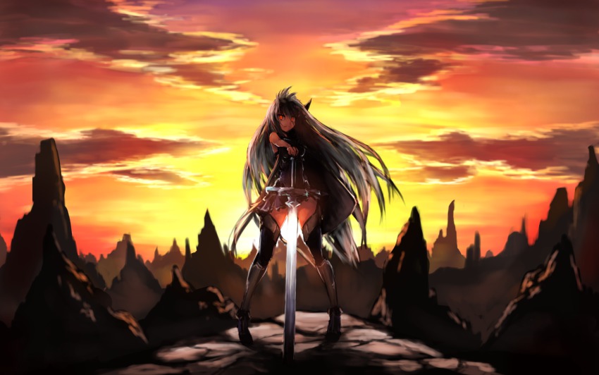&gt;:( 10s 1girl bare_shoulders black_dress black_hair canyon cloud dark-skinned_female dark_skin dress dusk eyes_visible_through_hair female_focus frown granblue_fantasy grey_hair hair_between_eyes hand_on_hilt highres long_hair orange_sky outdoors planted planted_sword planted_weapon red_eyes short_dress sky sleeveless sleeveless_dress solo standing sun sunset sword thighhighs tsukira_(amayadori) v-shaped_eyebrows very_long_hair weapon zettai_ryouiki zooey_(granblue_fantasy)