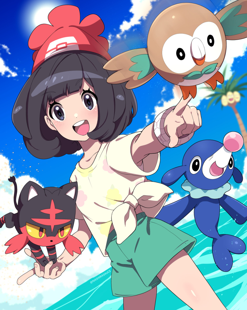 1girl :d alolan_exeggutor alolan_form beanie black_hair blurry blurry_background bracelet cloud commentary_request day game_freak gen_7_pokemon green_shorts happy hat highres jewelry litten nashirasauce nintendo open_mouth outdoors pointing pokemon pokemon_(creature) pokemon_sm popplio red_hat rowlet selene_(pokemon) shirt short_sleeves shorts sky smile starter_pokemon_trio t-shirt teeth tied_shirt upper_teeth_only water yellow_shirt