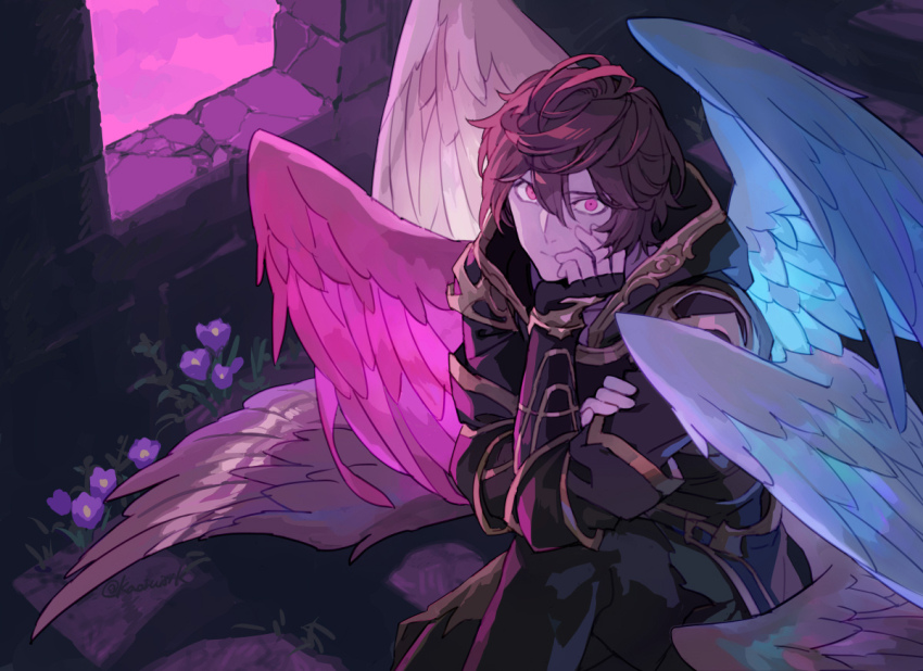 1boy ahoge armor blue_wings breastplate brown_hair brown_wings commentary_request crossed_arms crossed_legs feathered_wings fingerless_gloves flower gloves granblue_fantasy hair_between_eyes hip_armor hood hood_down looking_at_viewer male_focus messy_hair multiple_wings pink_eyes pink_wings pota_(bluegutty) purple_flower sandalphon_(granblue_fantasy) seraph sidelighting sitting solo stairs stone_floor stone_wall wall white_wings wings
