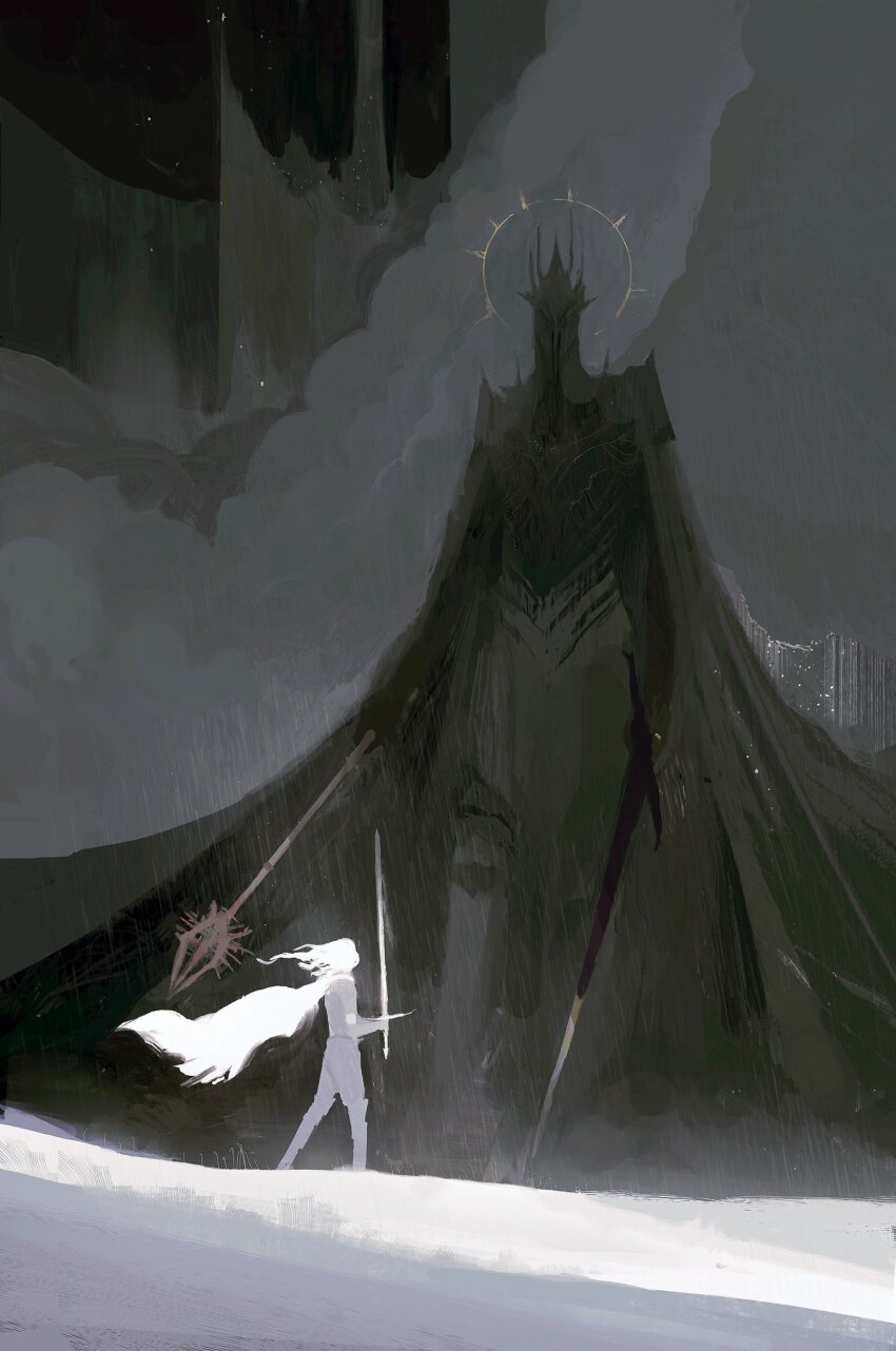 2boys ahad armor black_armor black_cloak cape cloak commentary divine_being dual_wielding english_commentary full_armor gold_ring halo helm helmet highres holding holding_mace holding_sword holding_weapon isildur jewelry long_hair mace multiple_boys pauldrons ring sauron shoulder_armor size_difference spiked_armor spiked_helmet spiked_pauldrons standing sword the_lord_of_the_rings the_one_ring tolkien&#039;s_legendarium weapon white_hair