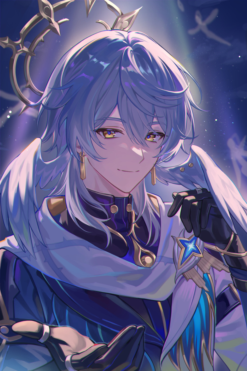 1boy absurdres black_gloves earrings gloves gold_earrings grey_hair hair_between_eyes halo head_wings high_collar highres honkai:_star_rail honkai_(series) jewelry light_particles light_rays long_hair looking_at_viewer male_focus mechanical_halo mond_sl multiple_rings outstretched_hand ring smile solo sunday_(honkai:_star_rail) upper_body white_wings wings yellow_eyes