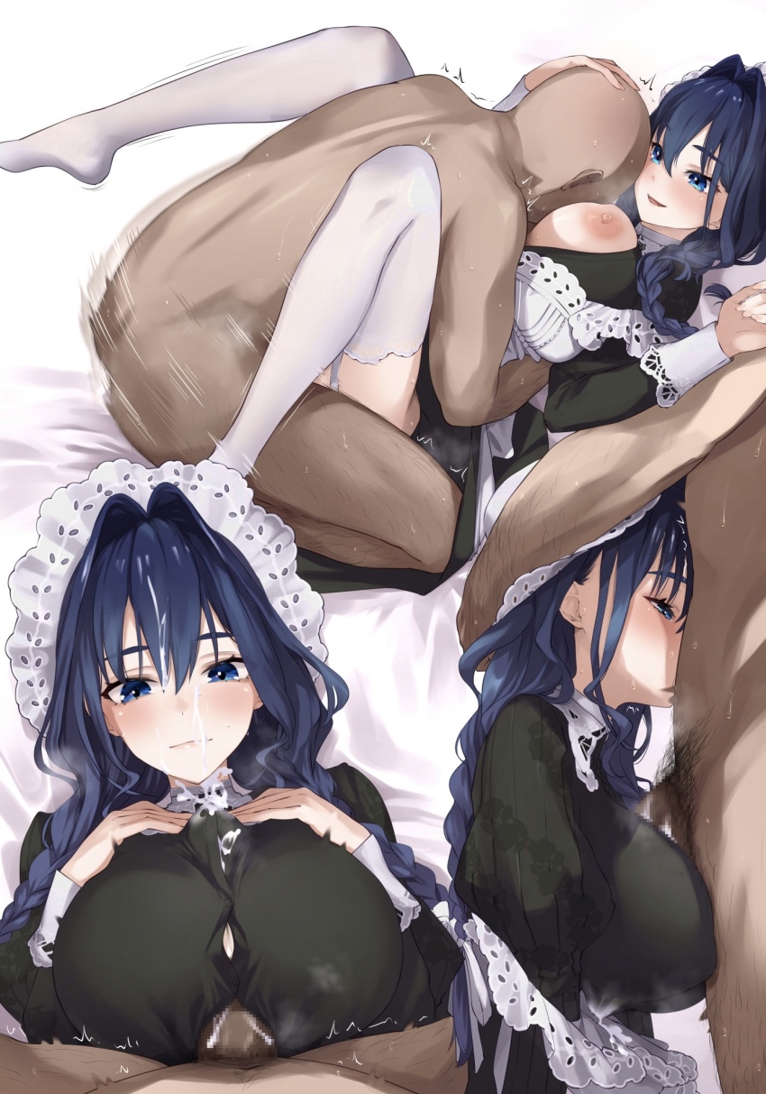 1boy 1girl apron bed_sheet black_dress blue_eyes blue_hair braid breasts button_gap clothed_female_nude_male cum cum_on_body cum_on_breasts cum_on_upper_body dark-skinned_male dark_skin dress facial frilled_apron frilled_hat frills hair_intakes hair_over_shoulder hat hetero highres hololive hololive_english inukai_mofu juliet_sleeves large_breasts long_hair long_sleeves low_twin_braids lying maid maid_apron male_pubic_hair missionary mob_cap nipples no_shoes nude official_alternate_costume official_alternate_hairstyle on_back ouro_kronii ouro_kronii_(maid) paid_reward_available paizuri penis pubic_hair puffy_sleeves sex thighhighs twin_braids victorian_maid virtual_youtuber white_apron white_hat white_thighhighs